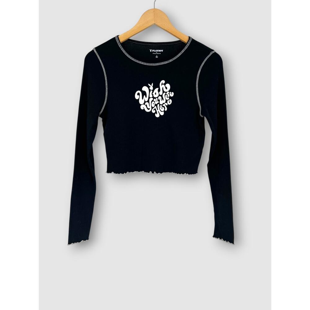 Playboy x PacSun Cotton Black Long Sleeve "Wish You Were Here" Crop Top Medium